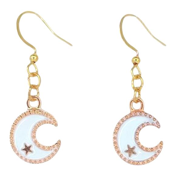 Handmade Jewelry - White Crescent Moon Star Earrings ✨ Celestial Gold Dangle Jewelry